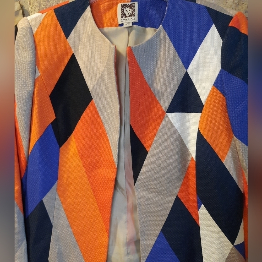 Anne Klein Blazer Open Front Geometric Blue Orange 100% Cotton Size 4 - Picture 3 of 12